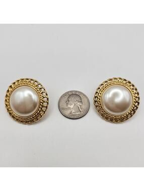 Monet Faux Pearl Gold Tone Rope Clip On Earrings, 1980s Designer Statement